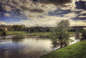 river, building, houses, water, tree