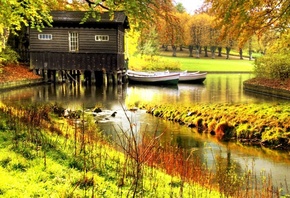 river, house, water, tree