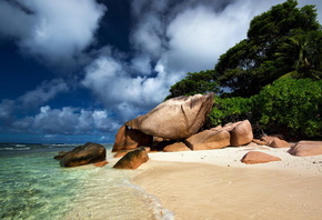 Сейшельские острова, океан, небо, побережье, пляж, облака, песок, деревья,  ...
