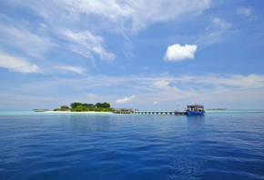 boat, island, water, blue, sky, ocean
