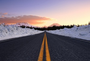 road, winter, mountain, sky, tree, clouds