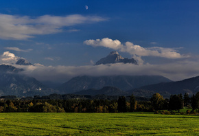 mountain, hills, grass, tree, castle, sky, clouds