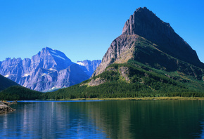 lake, mountain, tree, forest, water, sky, blue