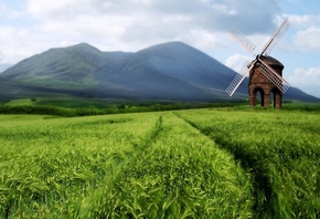 field, mill, wind, grass, holland, mountain, clouds