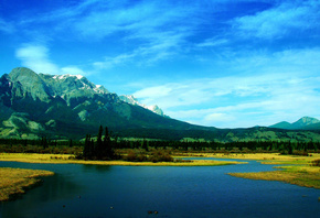 lake, mountain, tree, forest, water, sky, blue