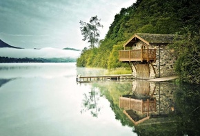 house, shore, lake, water, mist, tree