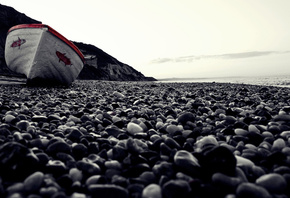 boat, old, beach, rocks, sand, ocean