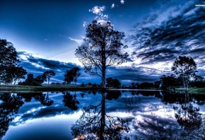 sky, clouds, blue, water, lake, tree, reflextion
