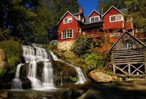 house, waterfalls, river, forest, tree, water, green