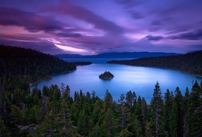 lake, purple, water, sky, clouds, mountain