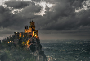 Daniele Rossi, Castle, Fog, Fujifilm, Landscape, Night, Night photography, Nightscape, San Marino, HD