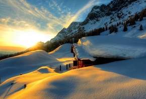 горы, деревья, дома, зима, небо, природа, снег, солнце, широкоформатные, об ...