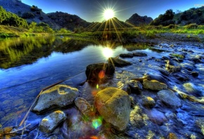 summer, sunrise, water, river, rock, grass