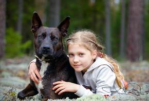 dog, girl, patch, grass, forest, tree