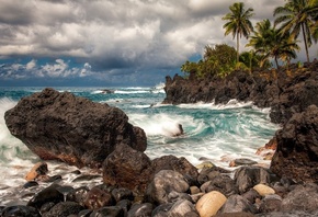 природа, Гавайи, пляж, камни, скалы, пальмы, ветер, красиво