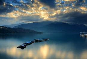 boat, clouds, water, lake