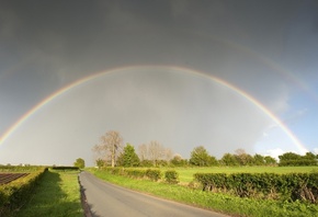 rainbow, house, fields, grass, green, sky