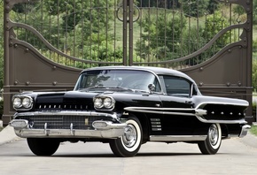 Pontiac, Bonneville, Custom, Sport, Coupe, 1958, Понтиак, Бонневиль, купе, сёрный, передок, классика, ворота, фон