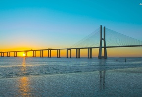 vasco da gama, bridge, sunset, sea, water