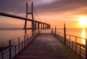 vasco da gama, bridge, sunset, sea, water