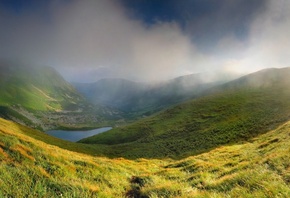 mountain, lake, clouds, green