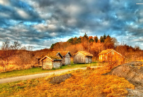 houses, abandoned, grass, fields