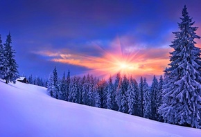 cabin, winter, mountain, tree, snow