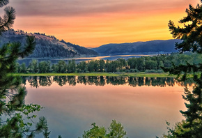 orange, sky, lake, water, tree