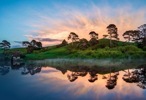 lake, mountain, tree, forest, water, sky, blue