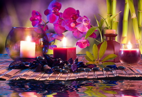 ,  , , , , , , Spa, Spa stones, candles, water, bamboo, flowers, orchids