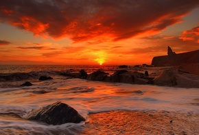 sunset, rock, sand, ocean