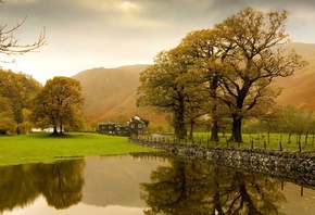 country, house, lake, water, grass