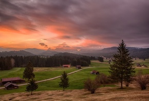 fields, hills, clouds, village, tree