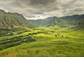 valley, mountain, houses, clouds