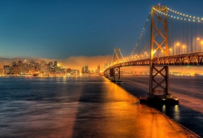 san francisco, golden gate, bridge, water, city, light, night