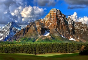 mountain, grass, green, sky, trees