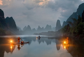 people, nature, river, mountain, night, light