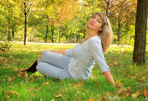 осень, парк, девушка, сидит, настроение, листья, деревья