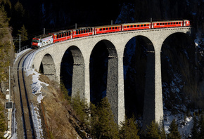 поезд, красный, железная дорога, горы, виадук, мост, швейцария