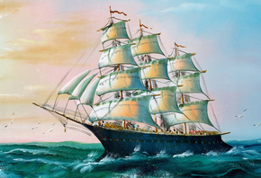 картина, живопись, корабль, парусник, море, красиво