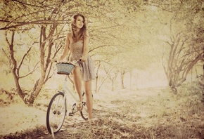 девушка, платье, велосипед, корзинка, деревья, листья, ветки, фон, прогулка