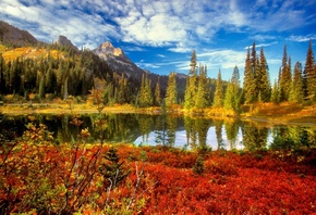 Горы, Облака, Природа, Деревья, Осень, Озеро, Отражение