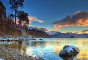 sunset, lake, water, tree, rocks, clouds