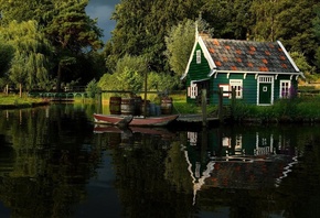 house, lake, boat, bridge