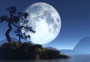 moon, tree, sky, water, mountain
