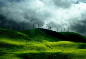 hills, turbine, wind, grass, green