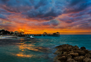 тропики, пляж, море, камни, причал, рассвет, Nassau, Bahamas