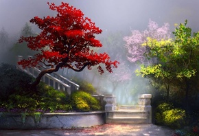 весна, цветенье сакуры, деревья, лестница, ступеньки, дымка