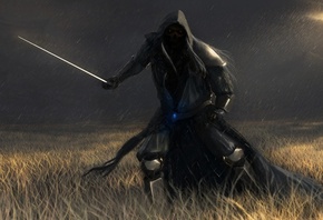поле, меч, человек, капюшон, тьма, арт, дождь