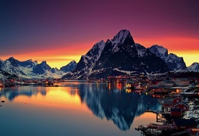 water, mountain, house, light, sky